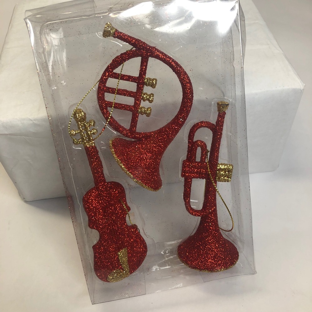 Kurt Adler 3 Musical Instrument Ornaments Red Glitter Violin Horn Trumpet NEW‎